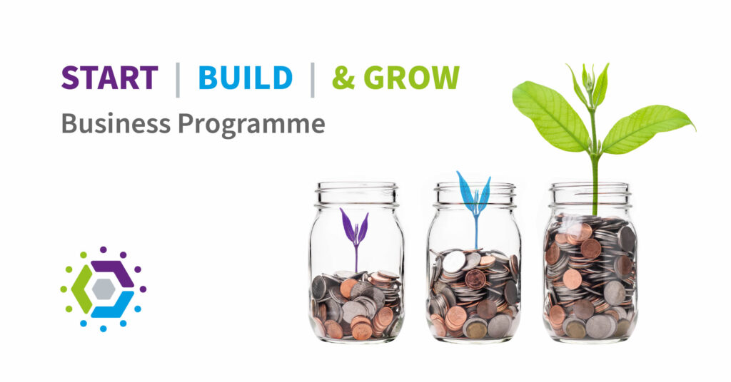 Start Build Grow . Illustration of three jars, each one willed with an increasing amount of cash and a growing seedling.